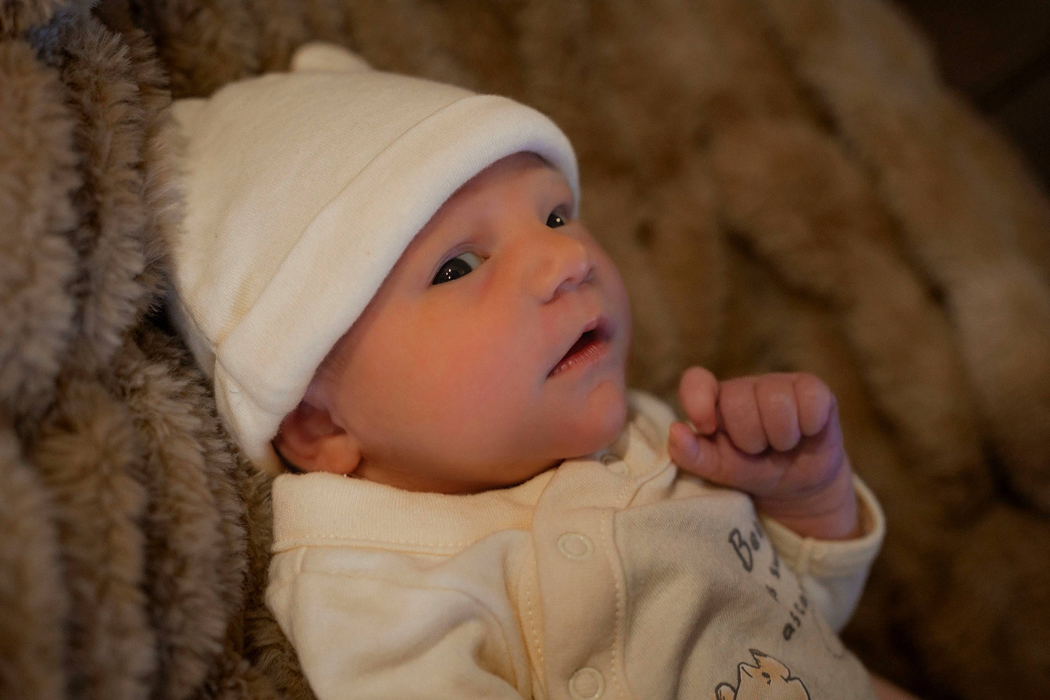 Adeline is registered to the contest to win money with this photo: baby, baby_toddler_clothing, beanie, cap, cheek, child, fashion_accessory, fur, gesture, grass, happy, hat, headwear, knit_cap, person, portrait_photography, sleeve, toddler, tree, winter