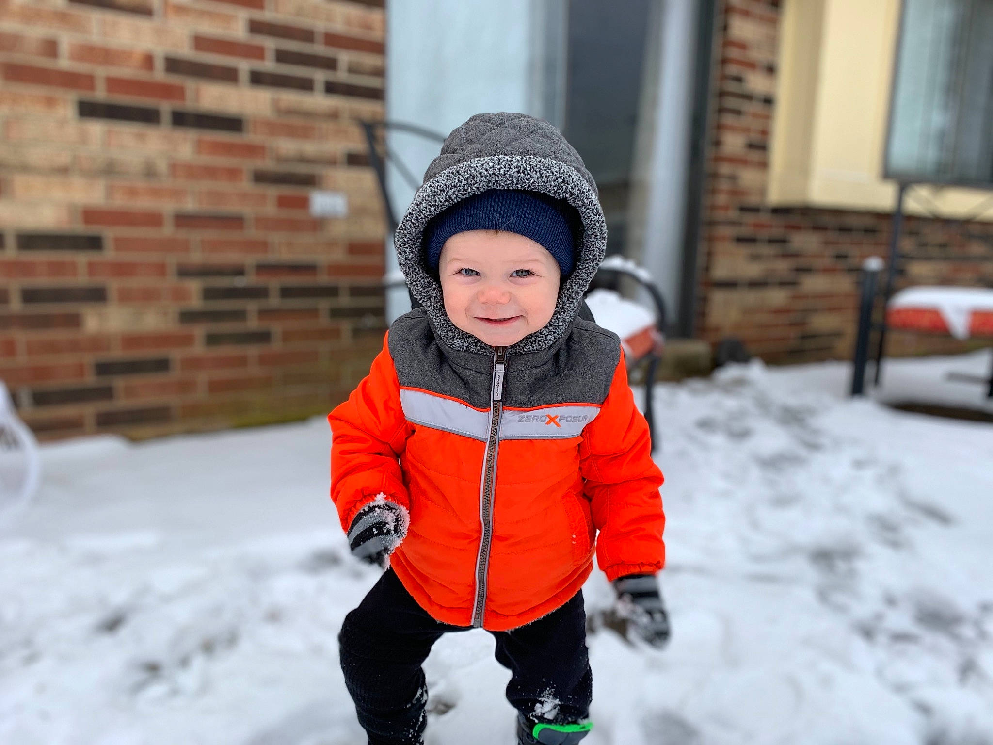 Ayden joined the competition — help win amazing prizes! child, freezing, fun, jacket, joy, outerwear, person, play, playing_in_the_snow, recreation, smile, snow, toddler, trousers, winter