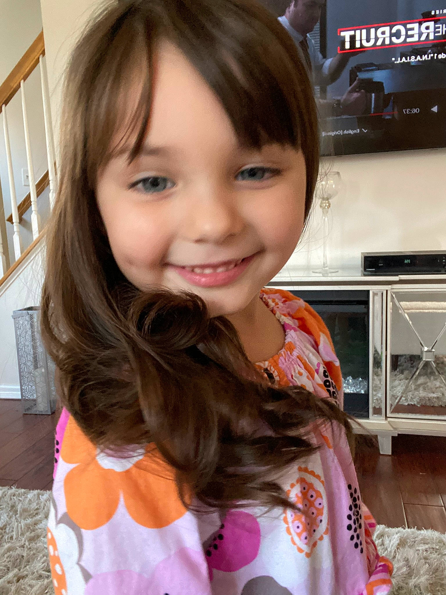 Kyla joined the competition — help win amazing prizes! bangs, brown_hair, cheek, child, eye, eyelash, fun, hairstyle, happy, hime_cut, iris, joy, lip, long_hair, pattern, person, pink, skin, sleeve, smile