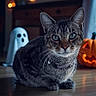 animal, black, bokeh, cat, collar, cozy, cute, decoration, floor, ghost_decoration, green_eyes, halloween, holiday, indoors, jack_o_lantern, lights, orange, pet, tabby, whiskers