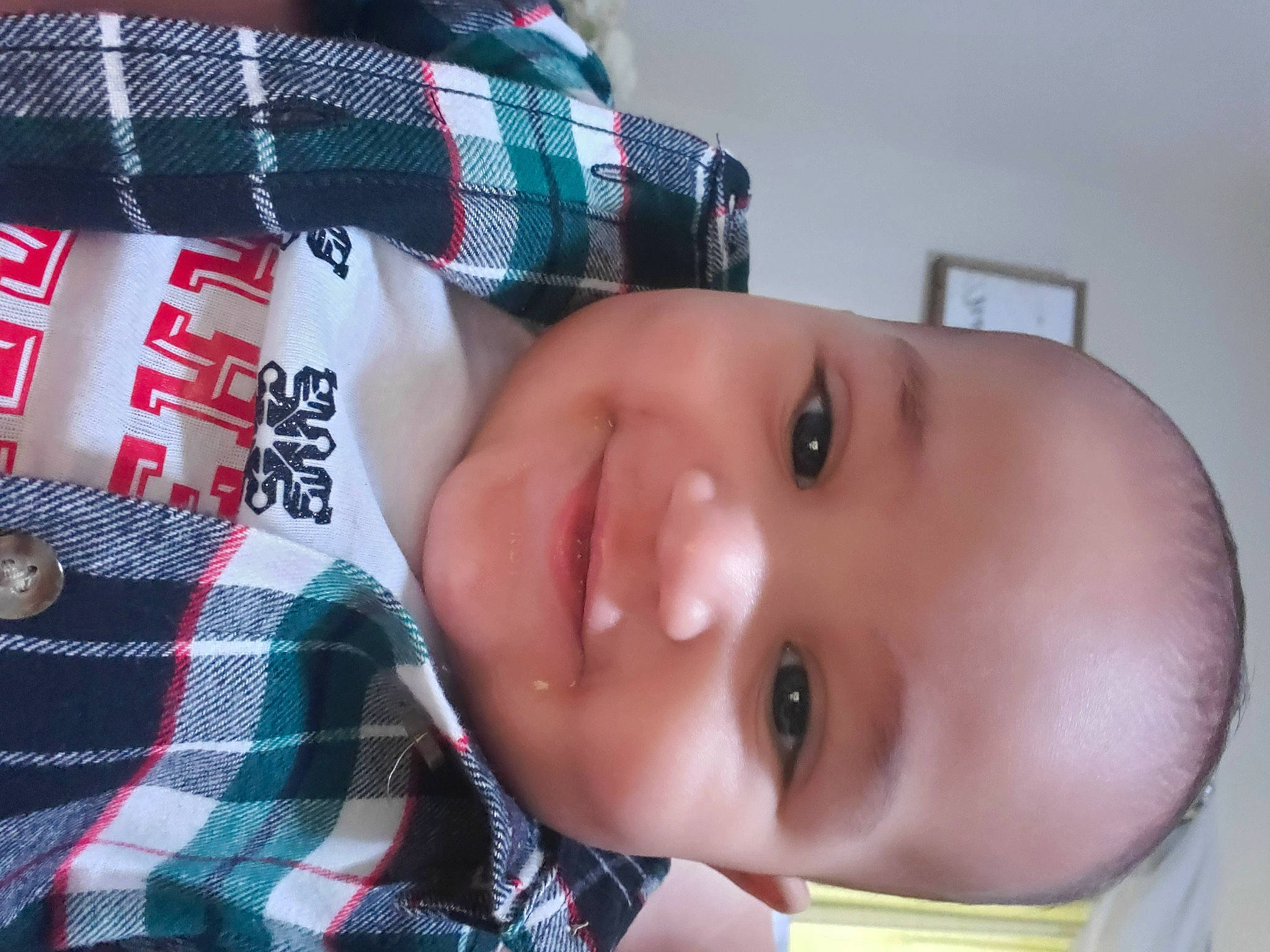 Damian joined the competition — help win amazing prizes! baby, baby_toddler_clothing, carmine, cheek, child, ear, eyelash, fun, happy, joy, lip, nose, pattern, person, plaid, skin, sleeve, smile, tartan, toddler