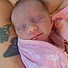Joy joined the competition — help win amazing prizes! baby, newborn, sleeping, blanket, pink, tattoo, arm, closeup, skin, infant, peaceful, face, person, rest, soft, cute, child, wrapped, portrait, indoors