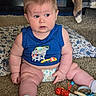baby, child, infant, carpet, blue_shirt, diaper, toy, sock, floor, pillow, indoor, cute, chubby, sitting, person, expression, furniture, home, playtime, portrait