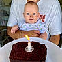 baby, man, beard, cake, candle, birthday, plate, white_tshirt, smile, blue_eyes, indoor, celebration, food, dessert, holding, person, happy, child, face, arm