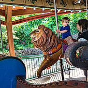 Kyle is registered to the contest to win money with this photo: child, toddler, woman, carousel, lion, ride, amusement_park, wooden, pole, braids, smile, outdoor, greenery, fence, light, face, clothing, fun, support, happy