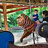 child, toddler, woman, carousel, lion, ride, amusement_park, wooden, pole, braids, smile, outdoor, greenery, fence, light, face, clothing, fun, support, happy