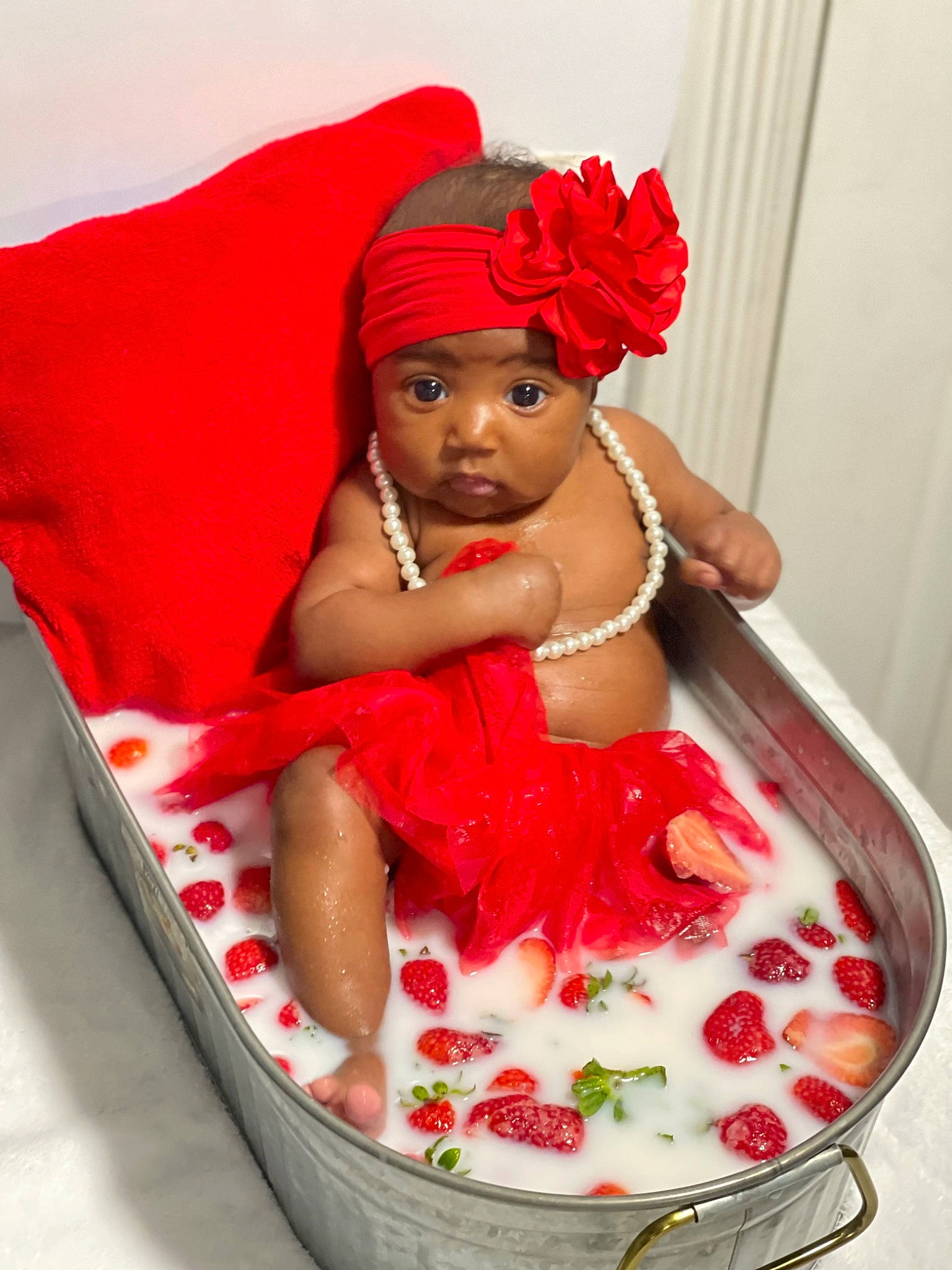 Chloe joined the competition — help win amazing prizes! arm, baby, baby_products, baby_toddler_clothing, child, costume_hat, dress, embellishment, event, headband, headpiece, headwear, jewellery, lip, magenta, person, petal, red, sweetness, textile