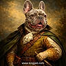 dog, french_bulldog, portrait, costume, renaissance_style, regal, nobleman, ruffled_collar, leather_straps, brown_background, vintage, historical, animal_portrait, pet, canine, clothing, dressed_up, studio_lighting, indoor, text_overlay