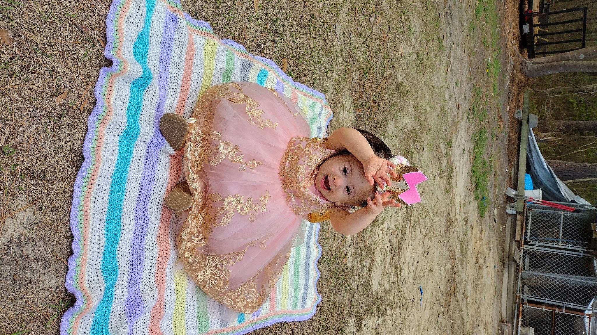 Aurora joined the competition — help win amazing prizes! baby, baby_toddler_clothing, child, dress, embellishment, fashion_accessory, fun, grass, happy, headpiece, headwear, magenta, pattern, peach, person, pink, textile, toddler, tree, window