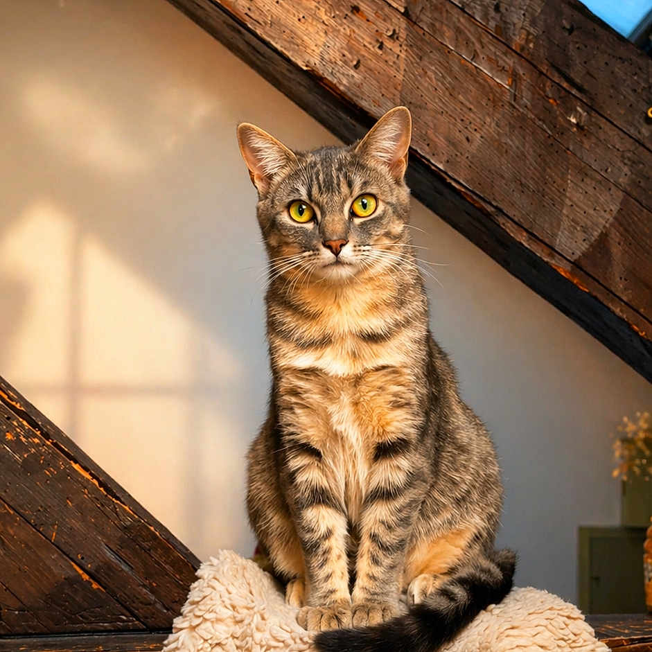 Issys a rejoint le concours — aidez-le/la à gagner de superbes lots ! cat, tabby_cat, animal, pet, indoor, wood, beam, blanket, sunlight, window, blue_sky, furniture, cozy, fur, yellow_eyes, domestic_cat, resting, sitting, home, quiet