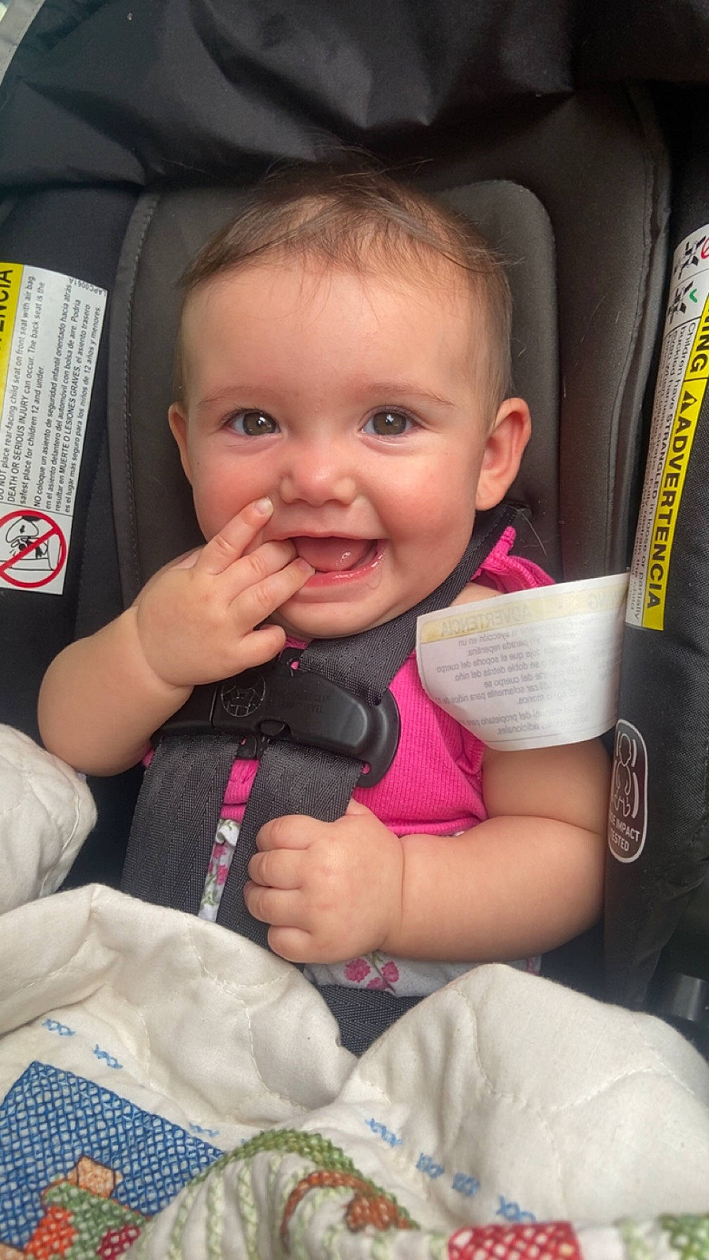 Reina joined the competition — help win amazing prizes! auto_part, baby, baby_carriage, baby_toddler_clothing, car_seat, cheek, child, comfort, finger, fun, gesture, hand, happy, iris, joy, mammal, person, seat_belt, skin, smile