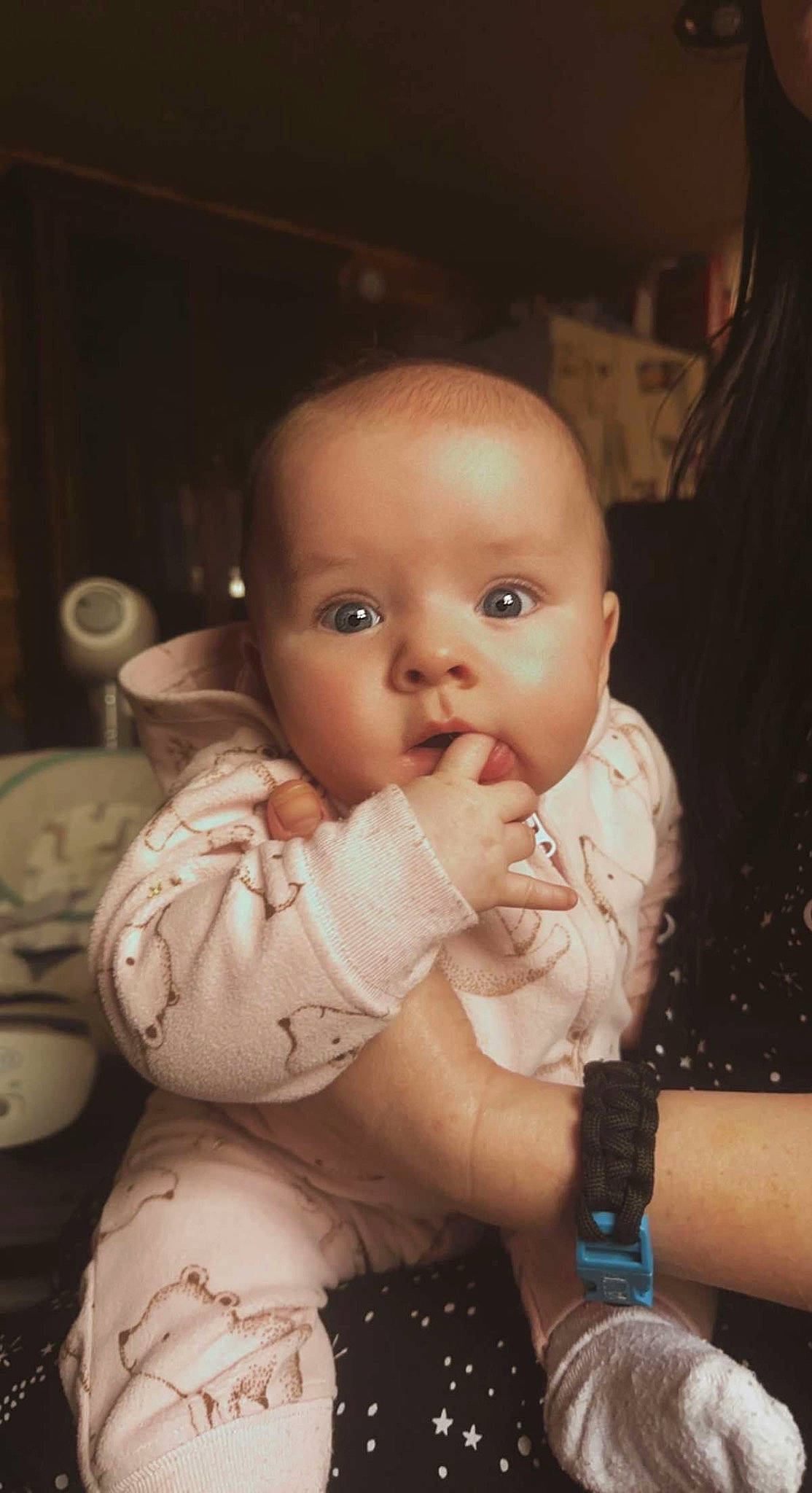 Adeline is registered to the contest to win money with this photo: arm, baby, baby_toddler_clothing, cheek, comfort, eye, face, finger, flash_photography, fun, gesture, hand, happy, head, iris, lip, mouth, nose, person, skin