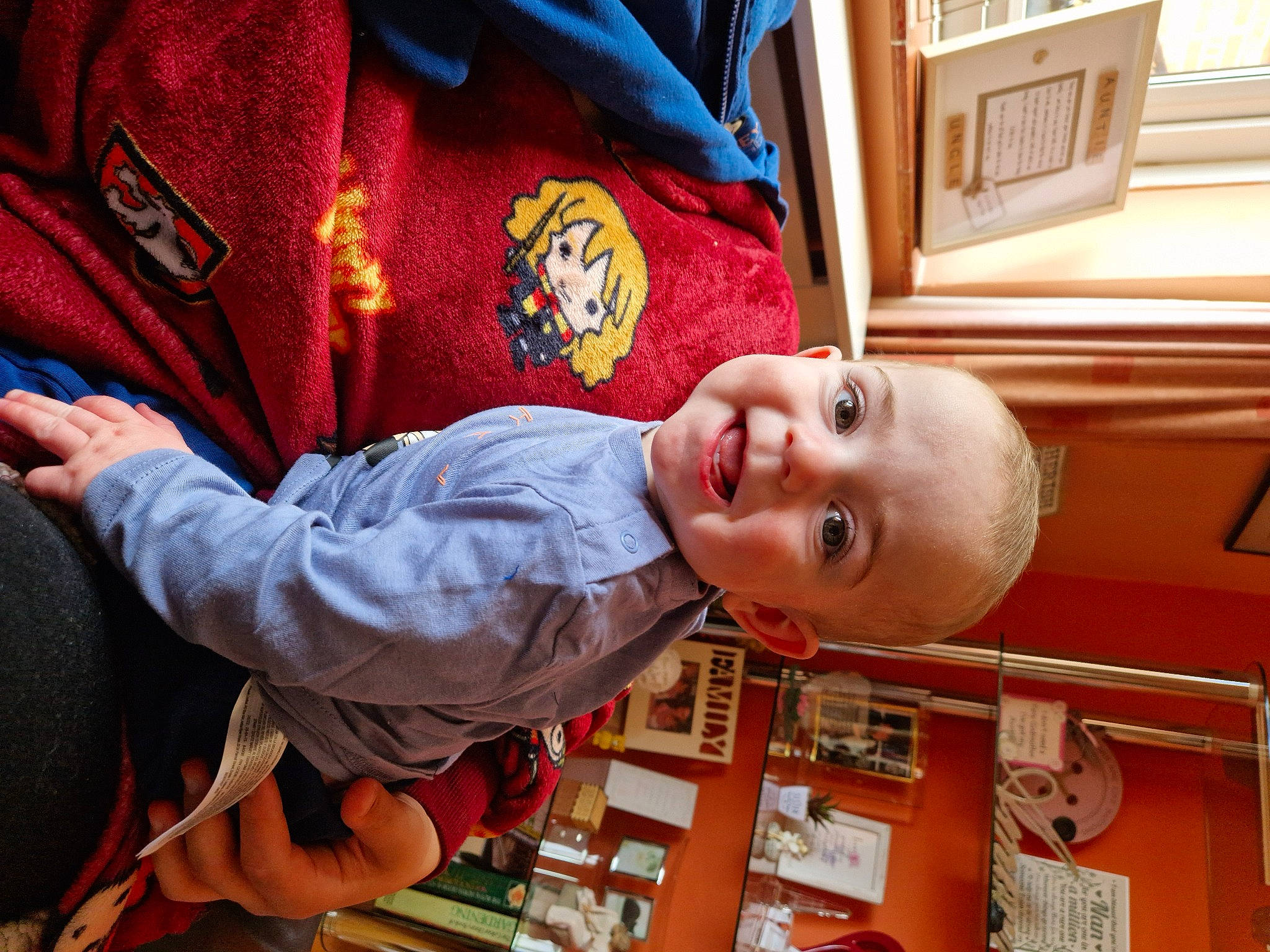 Billy joined the competition — help win amazing prizes! baby, child, fun, happy, laugh, leisure, mouth, nose, orange, people, person, play, room, sitting, sleeve, smile, t_shirt, toddler, wood