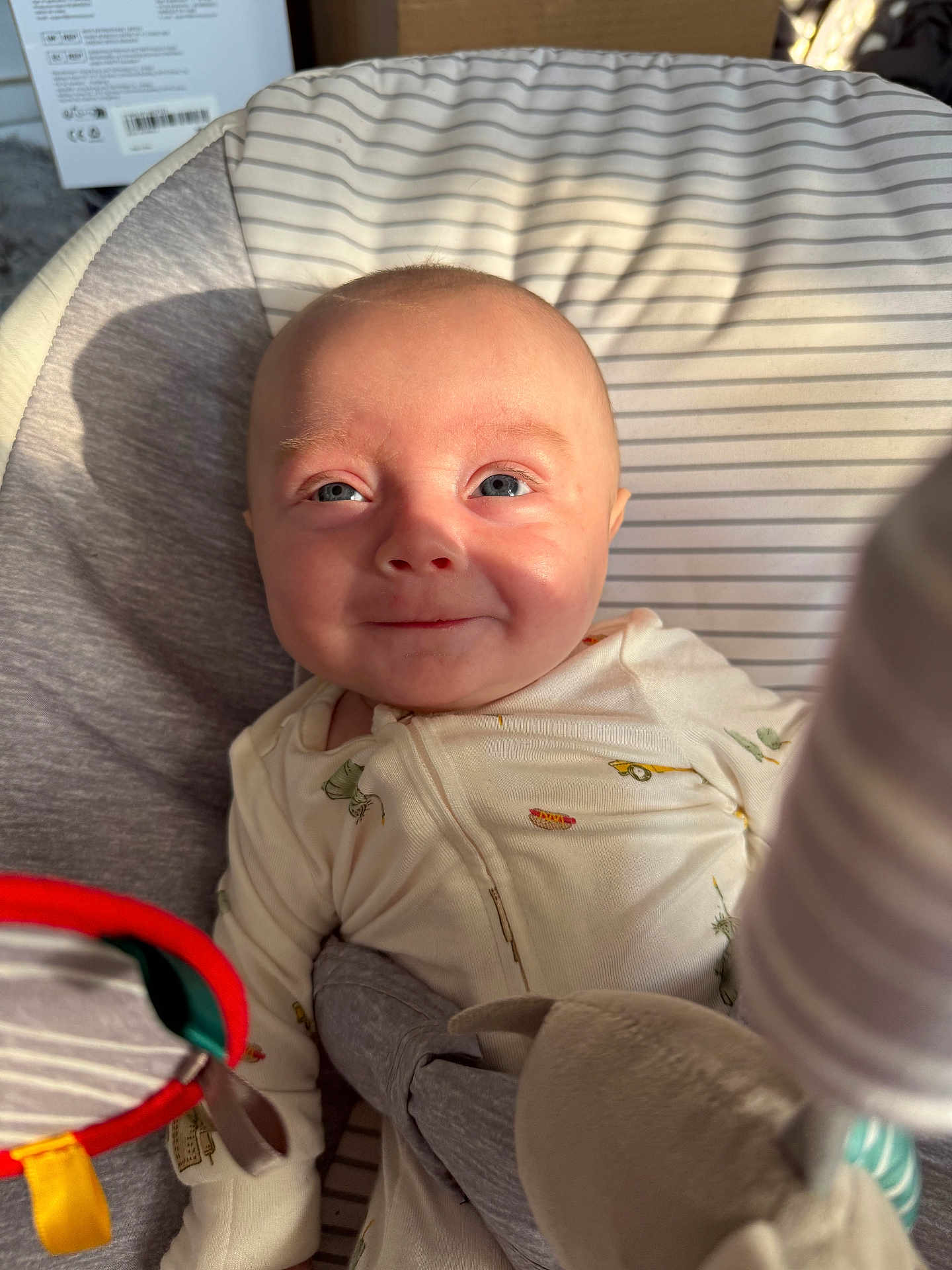 Kai is registered to the contest to win money with this photo: baby, infant, smile, face, blue_eyes, onesie, striped_cushion, soft_toys, sunlight, shadow, cozy, cute, child, closeup, indoor, fabric_tags, seat, playful, young, portrait