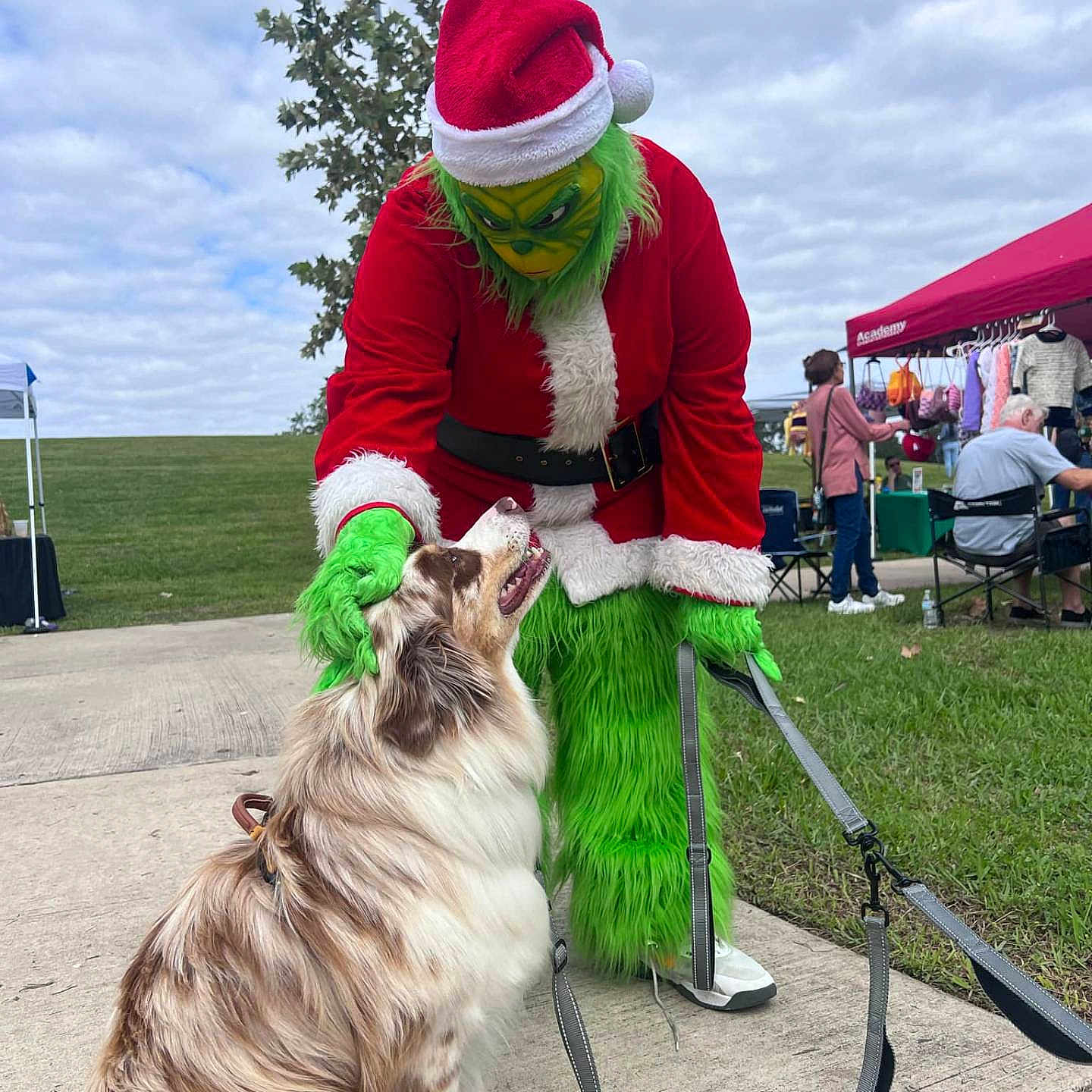 Baylie is registered to the contest to win money with this photo: adult, animal, canine, christmas, clothing, dog, female, festival, hockey, icehockey, icehockeystick, male, man, person, pet, rink, santaclaus, skating, sport, woman