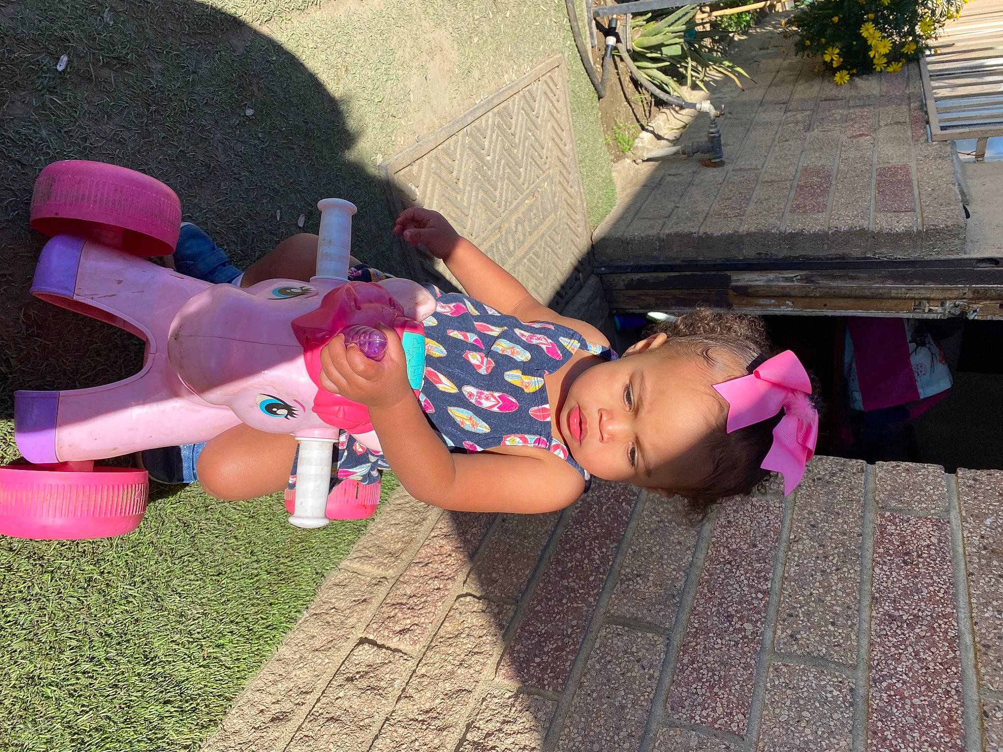 Amina is registered to the contest to win money with this photo: flowerpot, fun, grass, human_leg, human_settlement, leg, leisure, magenta, outdoor_furniture, person, pink, plant, public_space, purple, recreation, sandal, sitting, smile, thigh, toddler