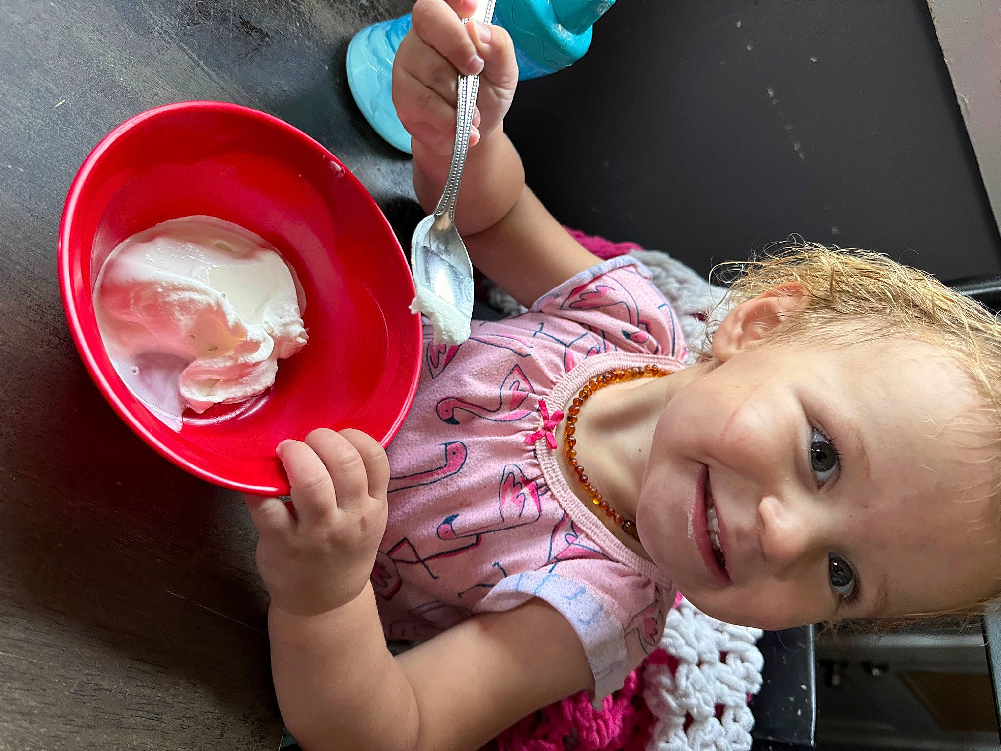 Laken is registered to the contest to win money with this photo: baby, baby_food, child, cooking, dish, face, finger, flash_photography, food, gesture, hand, happy, ingredient, joy, nail, person, pink, plate, recipe, smile