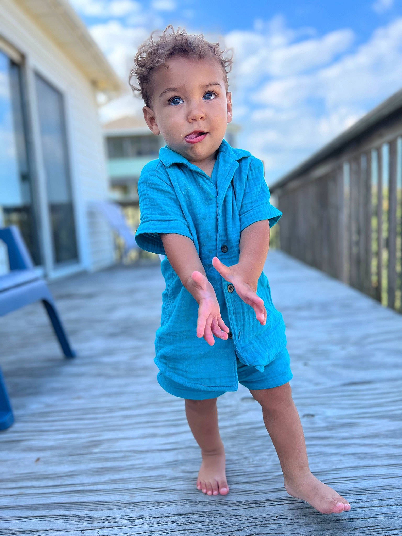 Mateo joined the competition — help win amazing prizes! azure, baby, baby_toddler_clothing, blue, electric_blue, eye, face, flash_photography, fun, happy, human_leg, leisure, pattern, person, plant, skin, sky, sleeve, standing, t_shirt