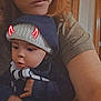Robert is registered to the contest to win money with this photo: baby, adult, indoor, portrait, hat, hoodie, red_horns_doodle, face, person, child, holding, curious, serious_expression, clothing, casual, hand, skin, headwear, closeup, home