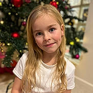 Ionela participe au concours pour gagner de l'argent avec cette photo : child, girl, blonde_hair, blue_eyes, smile, white_shirt, christmas_tree, holiday_decorations, ornaments, indoor, portrait, festive, happy, cute, young, long_hair, seasonal, celebration, decoration, holiday
