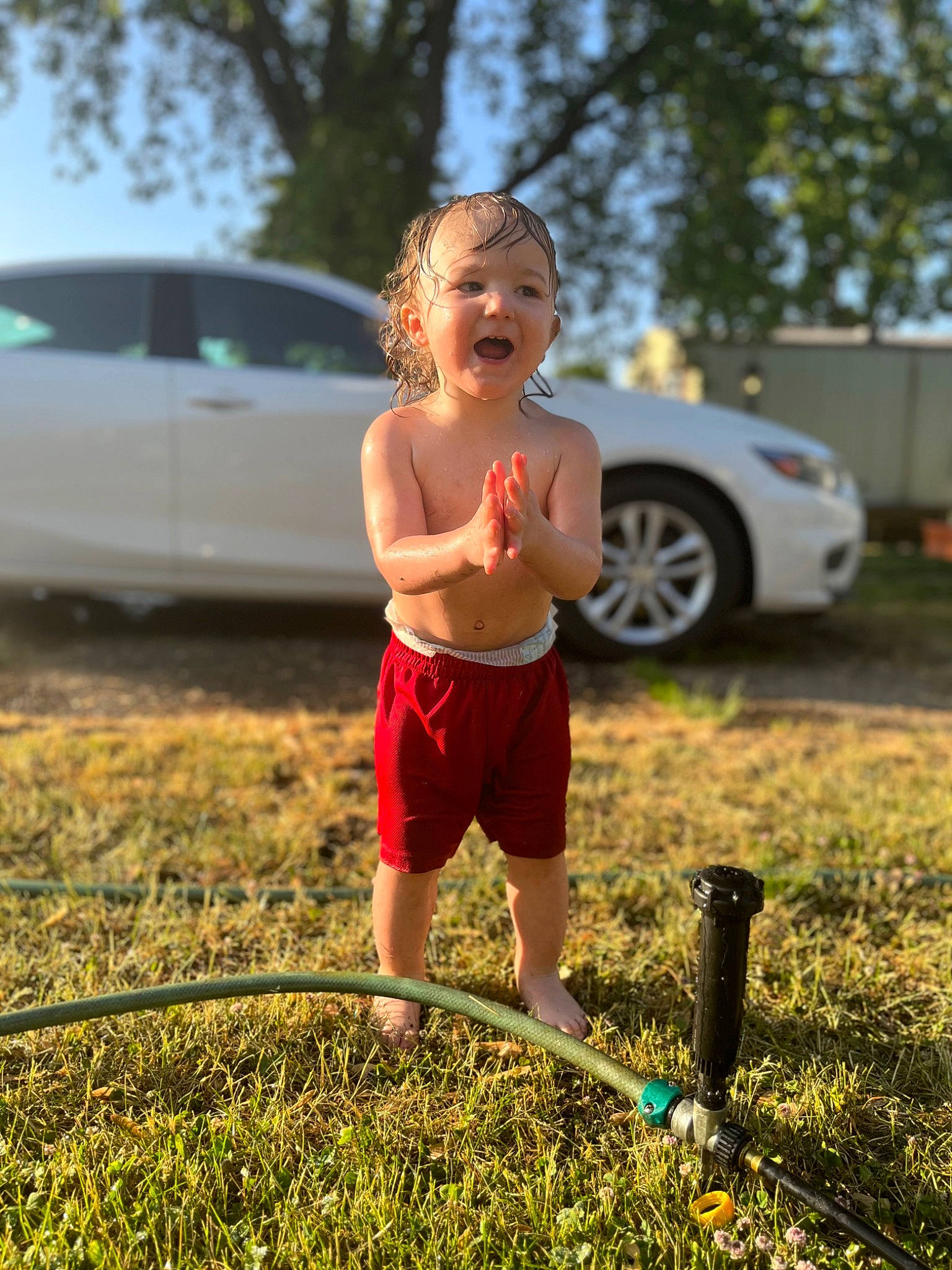 Kason is registered to the contest to win money with this photo: car, fun, grass, happy, human_body, landscape, lawn, leisure, people_in_nature, person, plant, shorts, summer, sunlight, tire, toddler, toy, tree, vehicle, vehicle_door