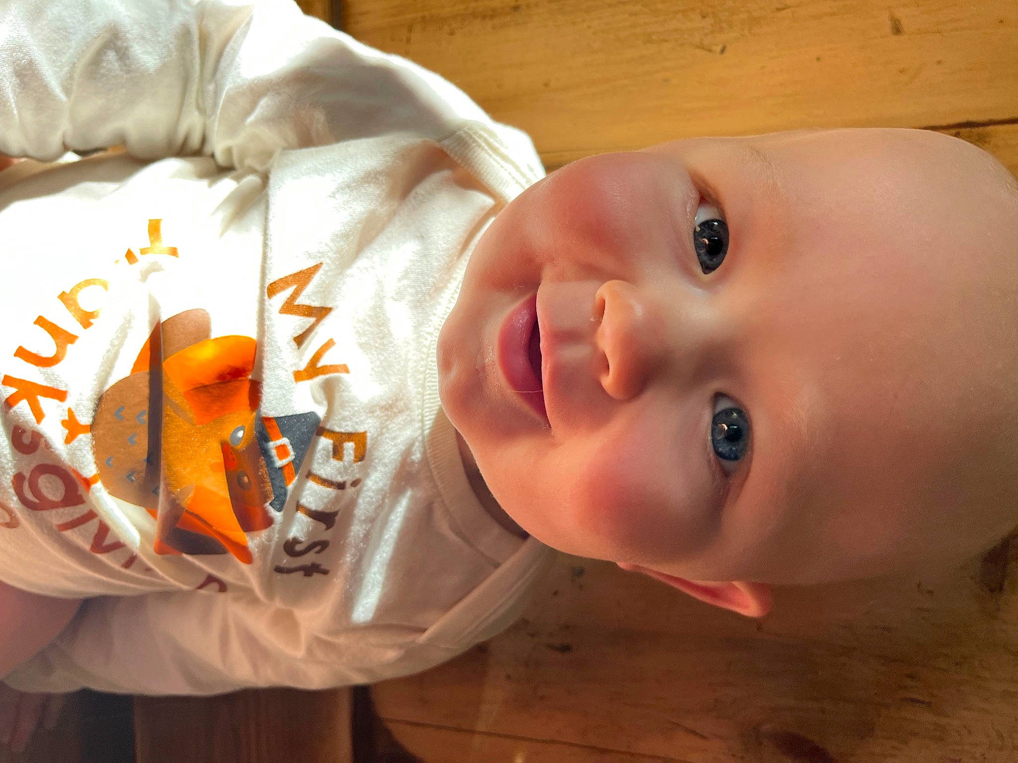 Mathias is registered to the contest to win money with this photo: baby, baby_products, baby_toddler_clothing, cheek, child, face, fun, happy, lip, nose, orange, person, plant, portrait_photography, skin, sleeve, smile, toddler, tree, wood