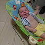 Axl is registered to the contest to win money with this photo: baby, child, smile, happy, indoor, baby_rocker, animal_print, blue_shirt, yellow_shorts, floor, wooden_floor, toy, furniture, infant, cute, cheerful, waving, seat, playful, portrait