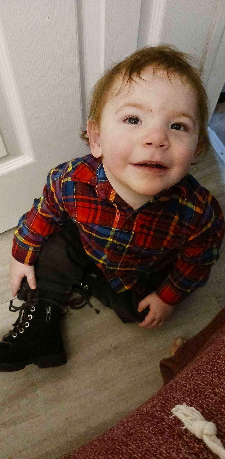 Kooper joined the competition — help win amazing prizes! baby_toddler_clothing, cheek, chin, dress, floor, flooring, hair, hairstyle, head, human_body, iris, nose, pattern, person, plaid, skin, sleeve, smile, tartan, toddler