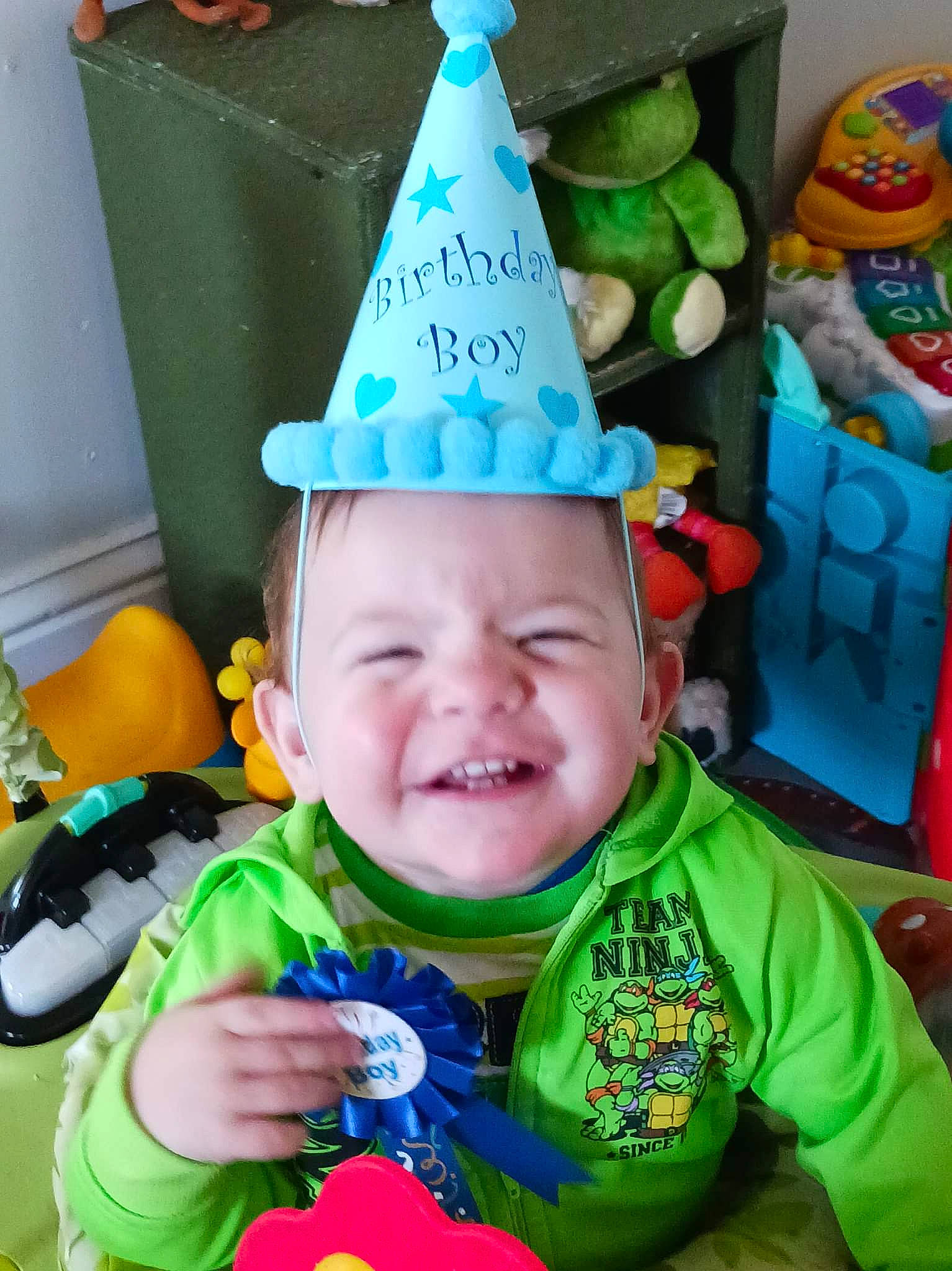 Kooper joined the competition — help win amazing prizes! baby, baby_laughing, baby_products, baby_toddler_clothing, child, cone, costume_hat, event, fun, green, happy, house, party_hat, party_supply, person, play, product, room, smile, snapshot