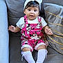 Cataleya joined the competition — help win amazing prizes! baby, child, infant, sitting, couch, gray_couch, headband, white_headband, pink_romper, minnie_mouse, knee_high_socks, white_socks, cushion, indoor, cute, portrait, clothing, smiling, happy, person