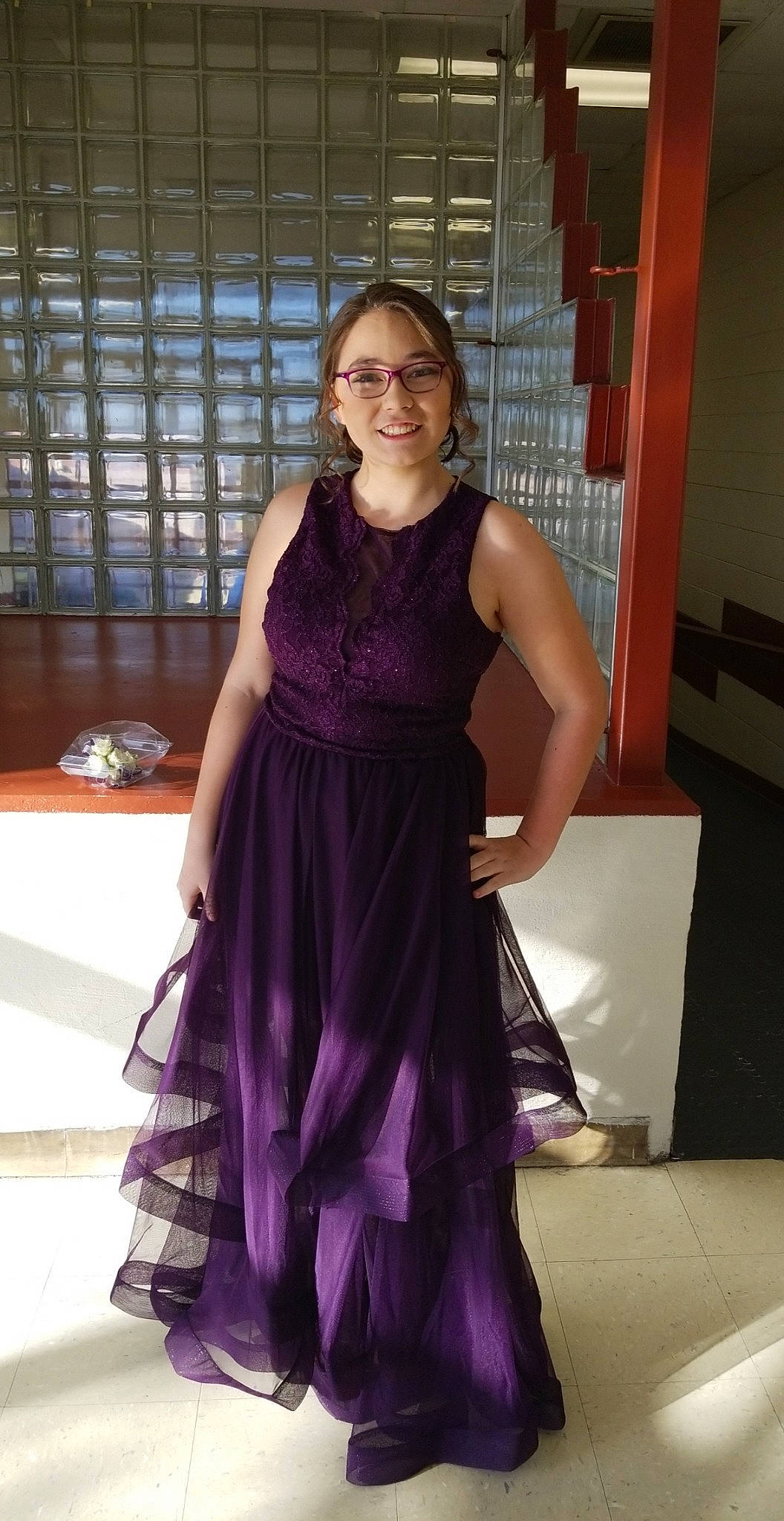 Rilee is registered to the contest to win money with this photo: bridal_party_dress, clothing, cocktail_dress, dress, event, fashion, fashion_design, formal_wear, gown, haute_couture, joy, lady, person, prom, purple, satin, shoulder, smile