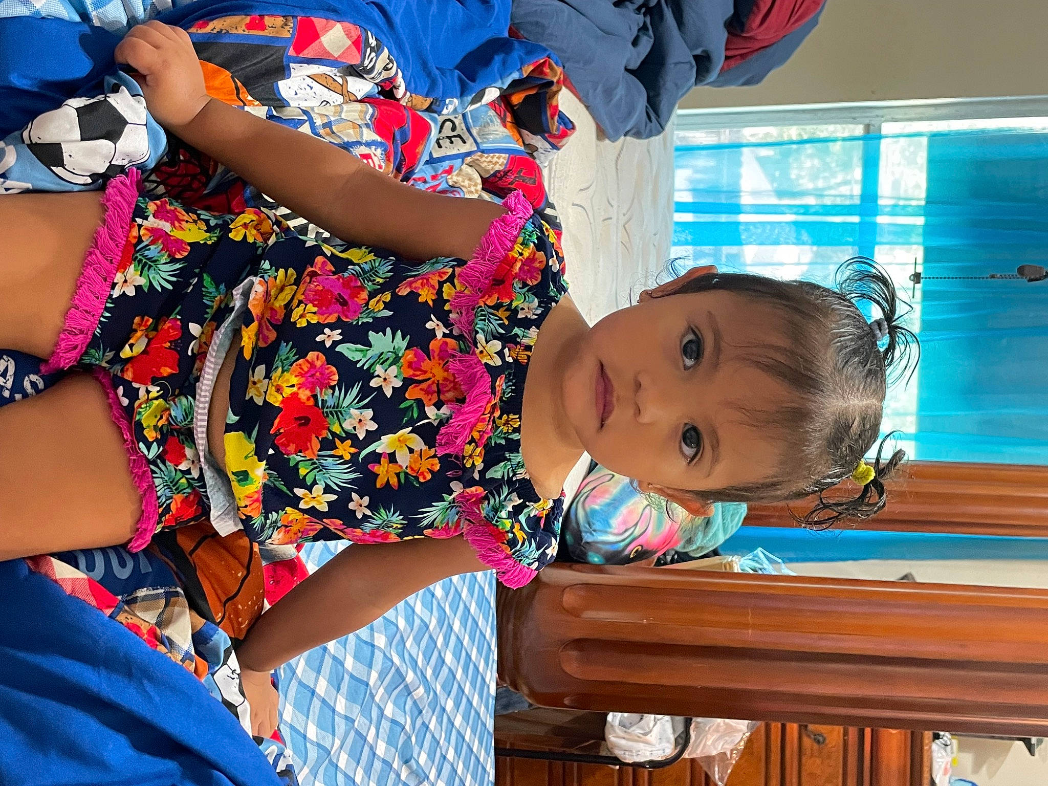 Scartlet joined the competition — help win amazing prizes! baby_toddler_clothing, blue, child, fun, happy, human_leg, leisure, magenta, pattern, person, play, sitting, summer, thigh, toddler, travel, vacation, wood