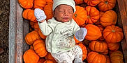 Roman is registered to the contest to win money with this photo: baby, newborn, pumpkins, orange, mittens, hat, clothing, cute, sleeping, autumn, fall, harvest, crate, outdoor, person, infant, seasonal, nature, small_pumpkins, soft