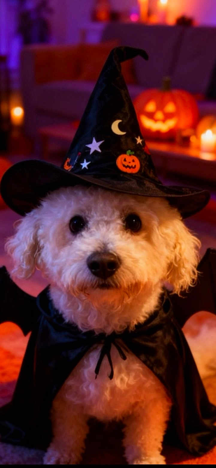 Nicky participe au concours pour gagner de l'argent avec cette photo : dog, white_dog, curly_fur, halloween_costume, witch_hat, cape, pumpkin, jack_o_lantern, candlelight, indoor, pet, cute, costume, holiday, decor, bat_wings, black_clothing, eyes, portrait, animal