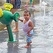 Damian is registered to the contest to win money with this photo: barefoot, blue_shorts, child, family, fun, green, kids_playing, outdoor, person, playground, recreation, splash_pad, summer, toddler, water, water_park, water_toy, wet, white_shirt, yellow