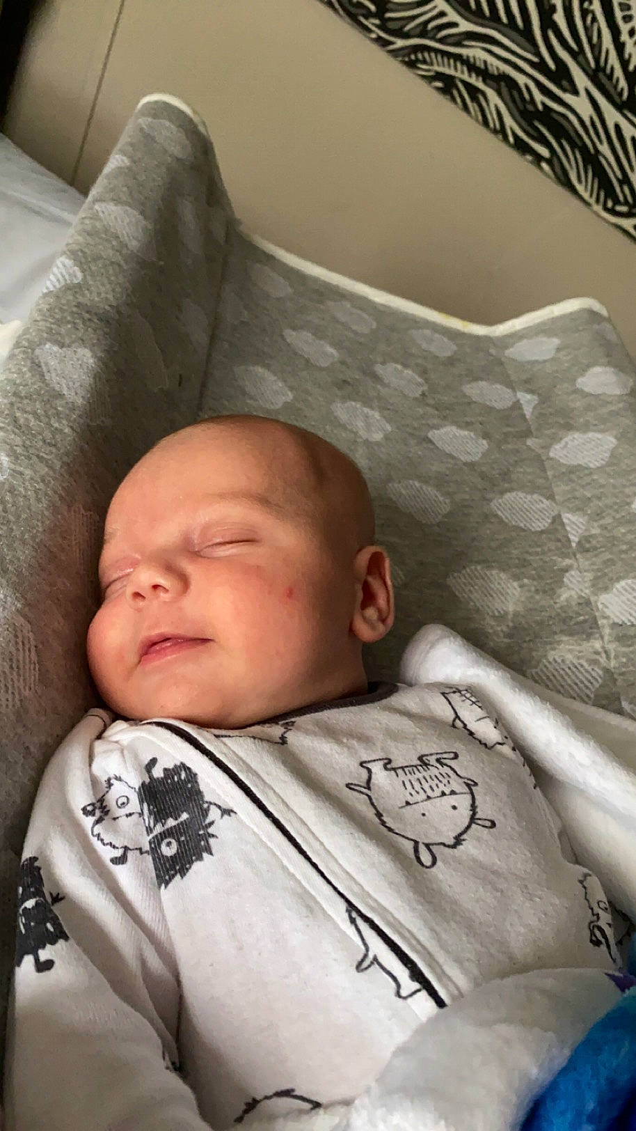 Brantley is registered to the contest to win money with this photo: baby, baby_products, baby_sleeping, baby_toddler_clothing, bed_sheet, bedding, bedtime, cheek, child, comfort, flesh, linens, nap, pattern, person, room, sleep, sleeve, throw_pillow, toddler