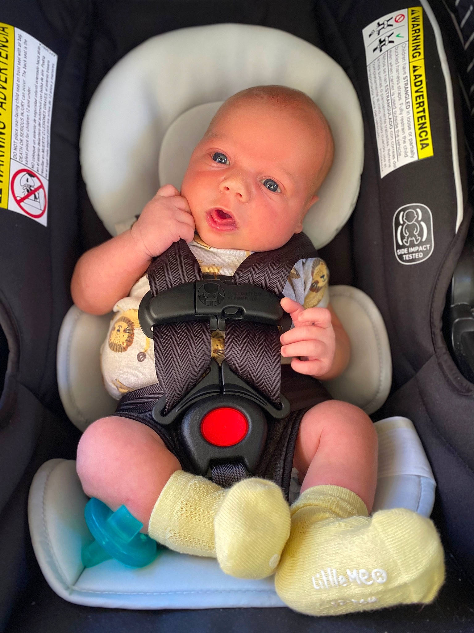 Brantley is registered to the contest to win money with this photo: auto_part, baby, baby_carriage, baby_products, baby_safety, baby_toddler_clothing, car_seat, car_seat_cover, carmine, cheek, child, comfort, family_car, finger, nail, person, seat_belt, sitting, thumb, toddler