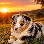 Bahia participe au concours pour gagner de l'argent avec cette photo : puppy, dog, grass, sunset, outdoor, animal, cute, fluffy, nature, sunlight, field, pet, young, adorable, fur, landscape, peaceful, backlit, sky, countryside