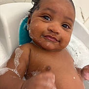 Jayce joined the competition — help win amazing prizes! baby, bath, bubbles, child, water, foam, skin, smile, face, arm, head, person, cute, happy, indoors, toddler, wet, closeup, fun, playful