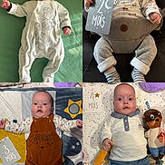 Maël a rejoint le concours — aidez-le/la à gagner de superbes lots ! baby, infant, milestone_card, age_marker, blanket, toy, clothing, onesie, overalls, socks, face, person, lying_down, indoor, cute, child, portrait, smiling, happy, soft_toys