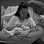 hospital, mother, newborn, baby, woman, bed, pillow, tattoo, hospital_bed, blanket, clothing, infant, person, monochrome, portrait, rest, love, care, woman_holding_baby, hospital_room