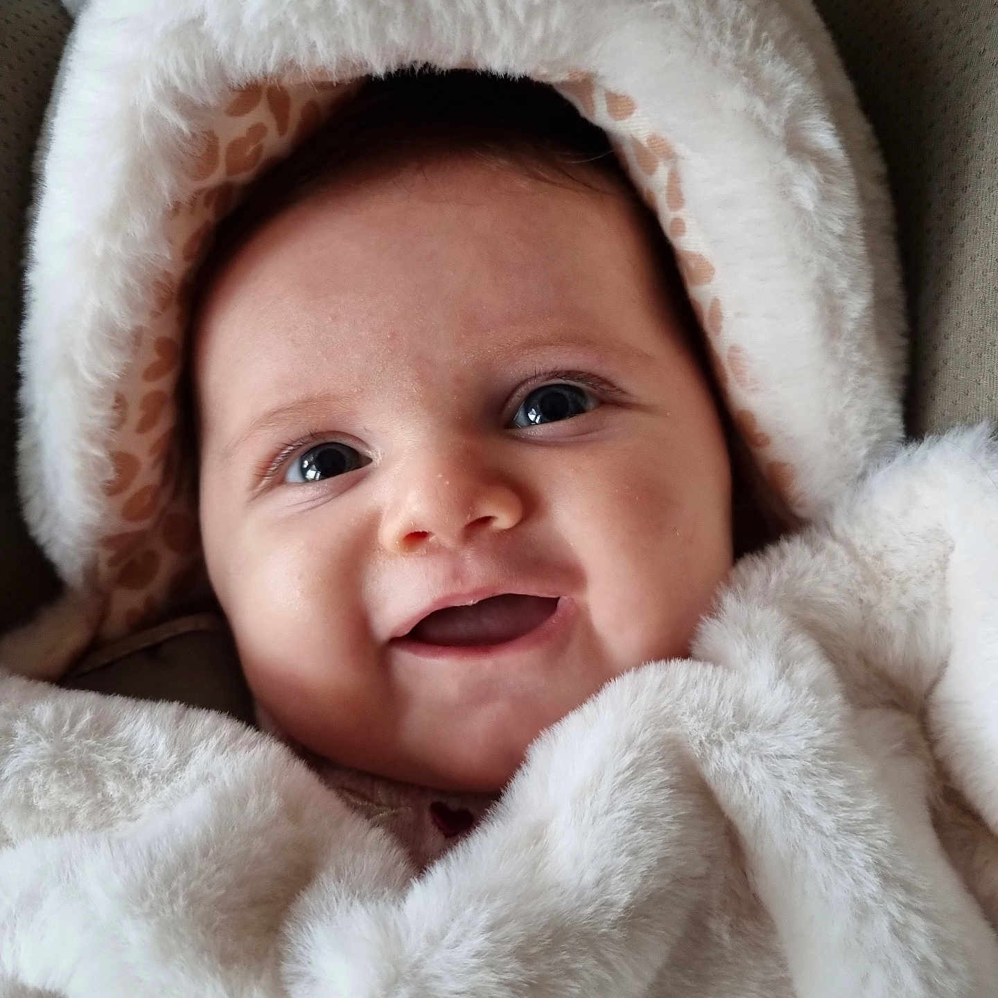 Elhée participe au concours pour gagner de l'argent avec cette photo : baby, babywear, blanket, child, closeup, clothing, cozy, cute, eyes, face, fur, happy, hood, infant, newborn, person, portrait, smiling, soft, warm
