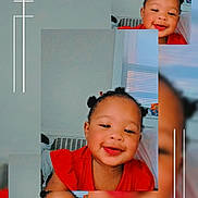 Bella is registered to the contest to win money with this photo: child, toddler, smiling, red_dress, hairstyle, indoor, window, collage, portrait, face, baby, cute, happy, skin, person, room, hair, infant, expression, seated