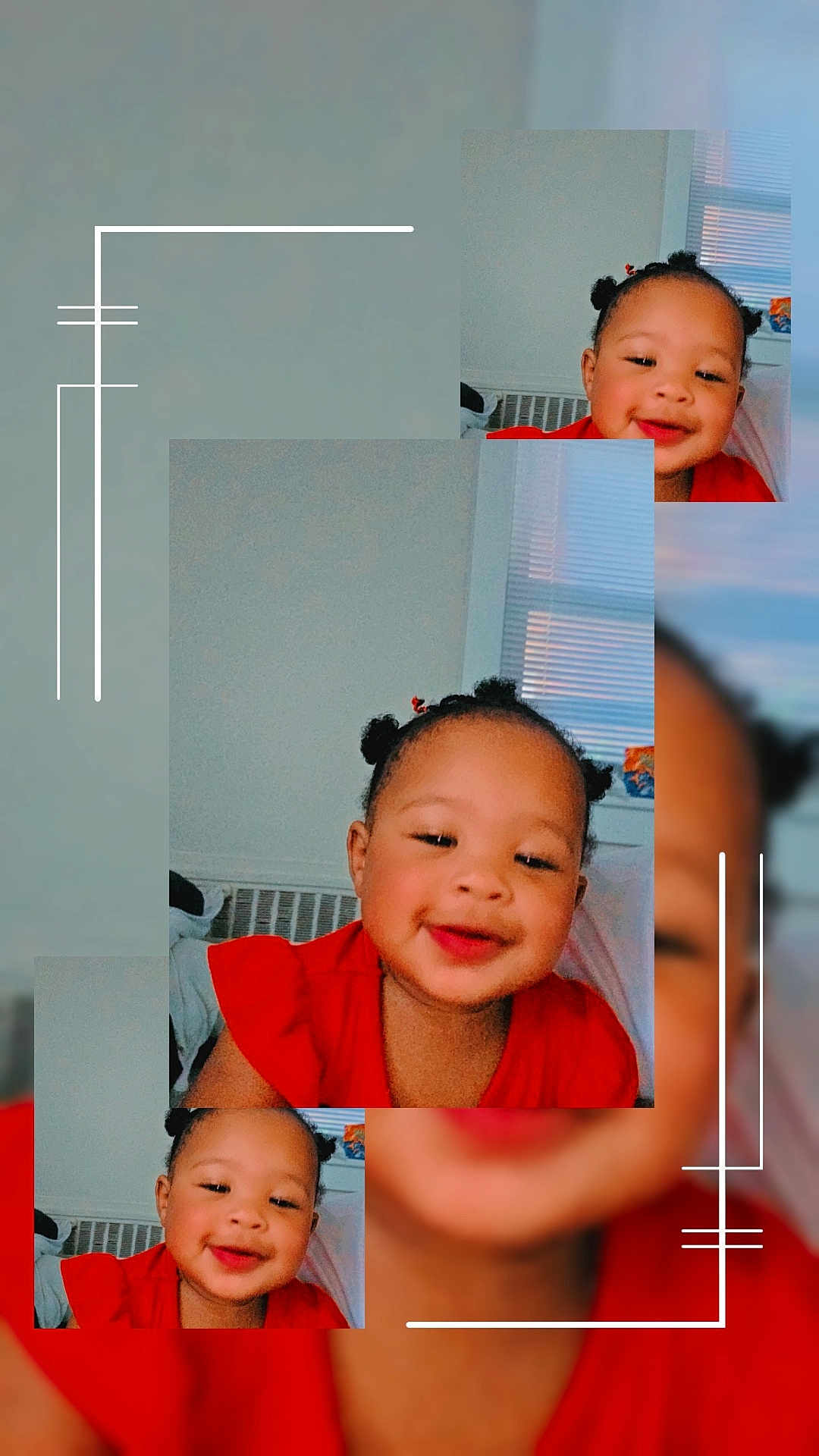 Bella is registered to the contest to win money with this photo: child, toddler, smiling, red_dress, hairstyle, indoor, window, collage, portrait, face, baby, cute, happy, skin, person, room, hair, infant, expression, seated