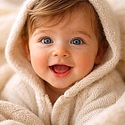Idriss a rejoint le concours — aidez-le/la à gagner de superbes lots ! baby, infant, blue_eyes, smile, hood, blanket, knitted, cozy, portrait, closeup, chubby_cheeks, joyful, soft_texture, adorable, mouth_open, long_eyelashes, brown_hair, warm_tones, neutral_background, clothing
