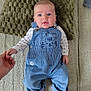 Rafael participe au concours pour gagner de l'argent avec cette photo : baby, infant, blue_overalls, striped_clothing, cat_face_pocket, hand_holding, carpet, cushion, floor, person, cute, indoor, child, face, looking_up, barefoot, long_sleeve_shirt, white_shirt, anchor_pattern, skin