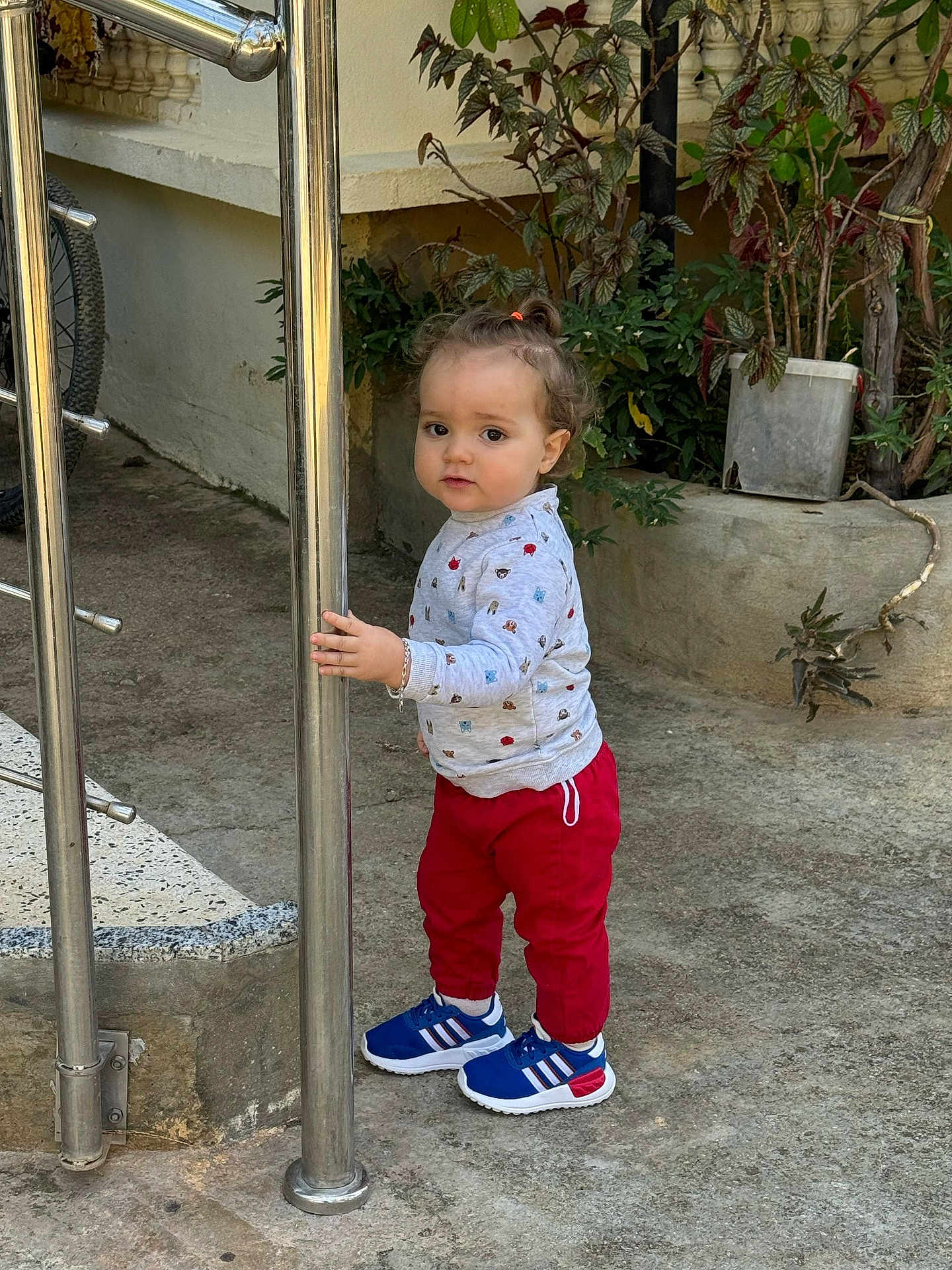 Wassim participe au concours pour gagner de l'argent avec cette photo : toddler, child, sweater, red_pants, blue_sneakers, metal_pole, concrete, outdoor, potted_plant, bicycle_wheel, curly_hair, ponytail, casual_clothing, side_view, standing, young_child, expression, nature, daylight, curious