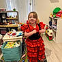 child, girl, dress, flamenco, red, black, polka_dot, smiling, barefoot, playroom, toys, toy_kitchen, toy_cash_register, doll, carpet, furniture, indoor, curtains, happy, colorful