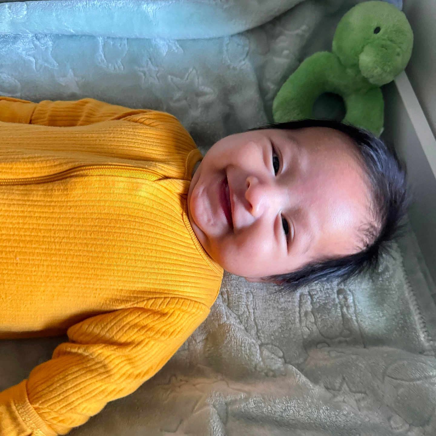 Ethan M is registered to the contest to win money with this photo: baby, blanket, cheek, close_up, cute, face, green_dinosaur, hair, happy, head, indoor, infant, lying_down, newborn, onesie, plush_toy, portrait, smiling, soft_texture, yellow_outfit