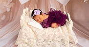 Olivia is registered to the contest to win money with this photo: newborn, baby, sleeping, purple_dress, headband, flower, miniature_bed, lace_blanket, pastel_background, soft_lighting, portrait, infant, cute, peaceful, studio_photo, fabric, decor, tulle, baby_fashion, resting